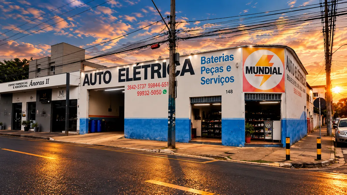 Fachada da Mundial Auto Elétrica Baterias Peças e Serviços na Av. Eng. Heládio Simões, 148, bairro Batuque, em Monte Carmelo - MG